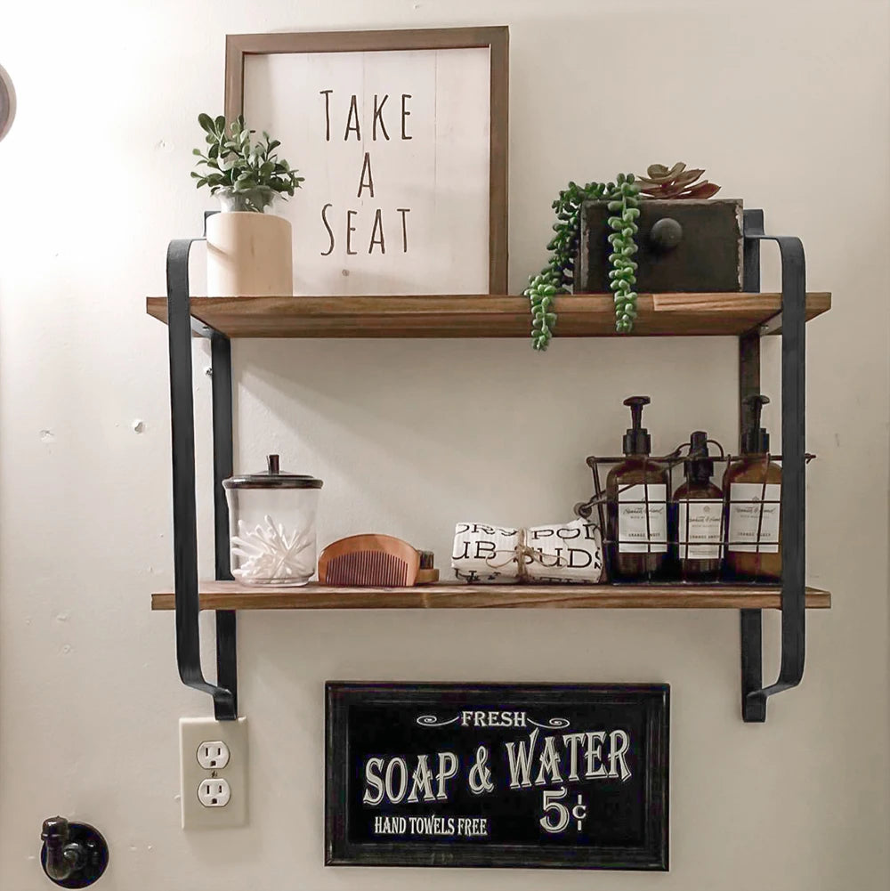 Large Rustic Industrial Wood Pipe Wall Shelf