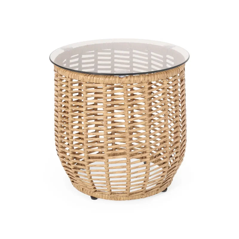 Wicker Side Table with Tempered Glass Top