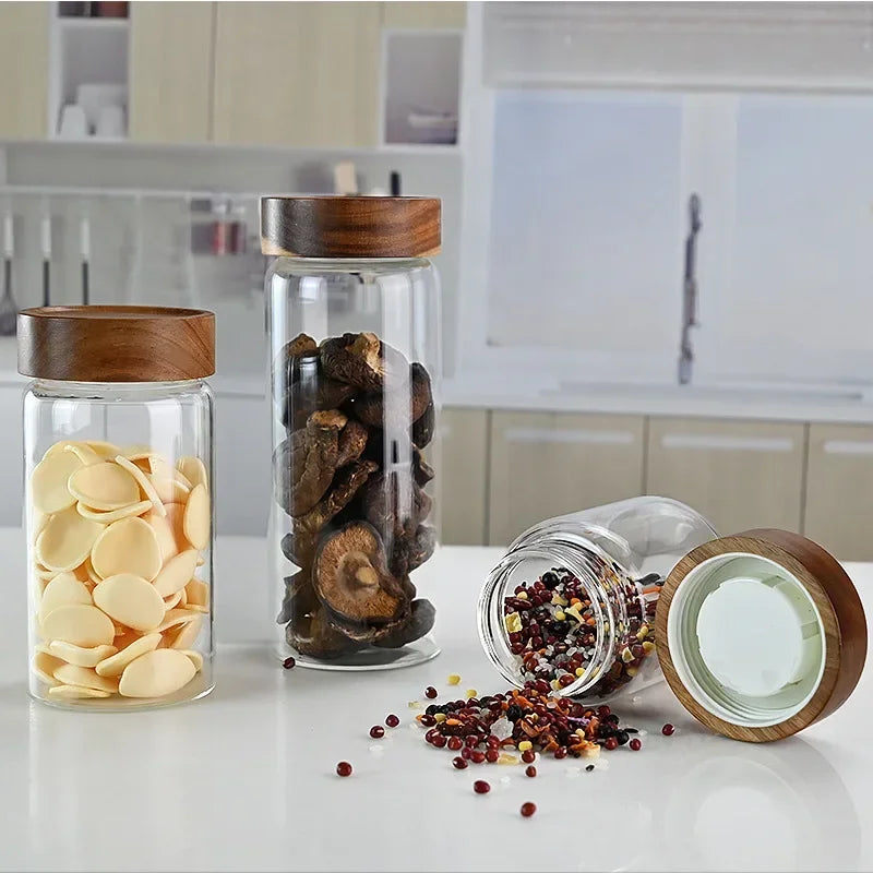 Acacia Wood Glass Storage Kitchen Cannisters