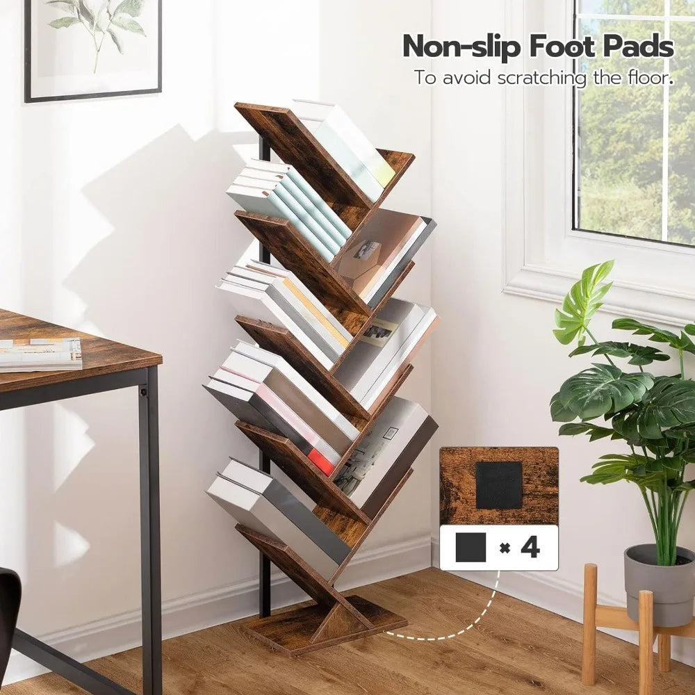 Tree Bookshelf, 9-Tier Retro Wood Shelf Bookcase