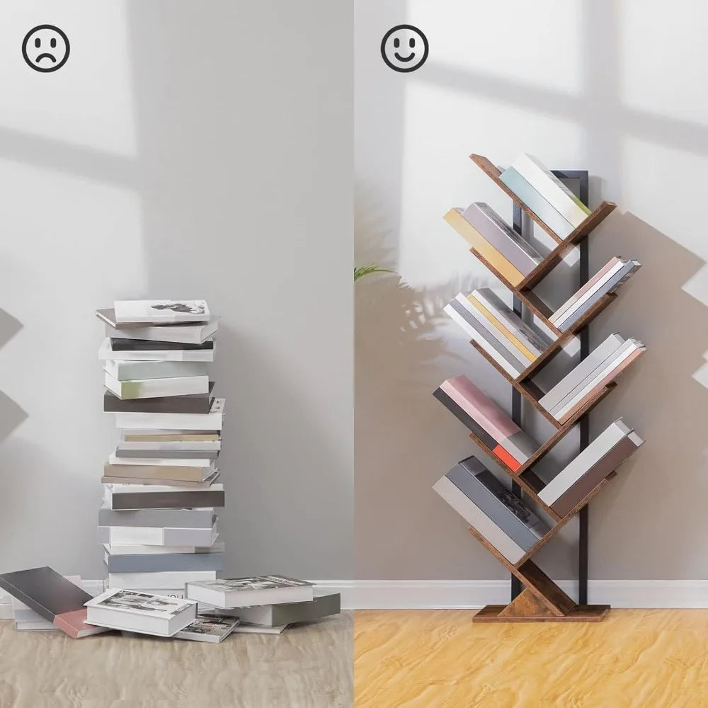 Tree Bookshelf, 9-Tier Retro Wood Shelf Bookcase