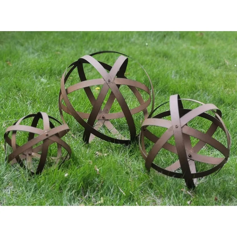 BSTGIFTS Metal Garden Spheres Metal Band Decorative Spheres Metal Folding Orb Garden Ball Sets of 3 Garden Decor