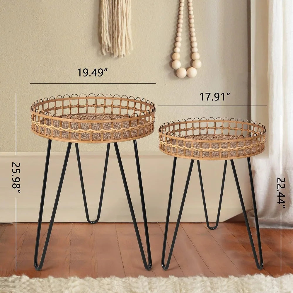 Side Table Nesting Tables Set of 2, Wicker Coffee Table Living Room, Round Rattan Side Table, Bamboo Coffee Table for Balcony