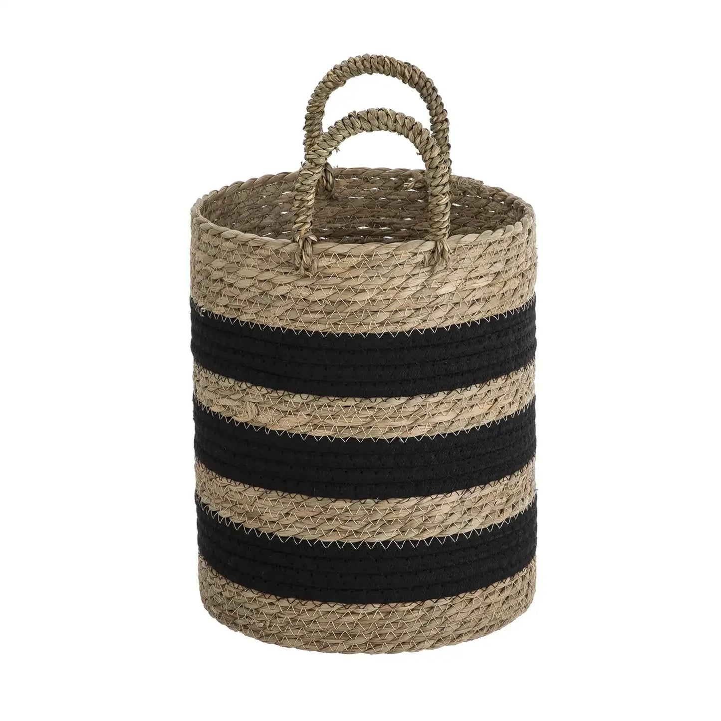 Natural and Black Decorative Storage Basket with Handles, 11.4", Round