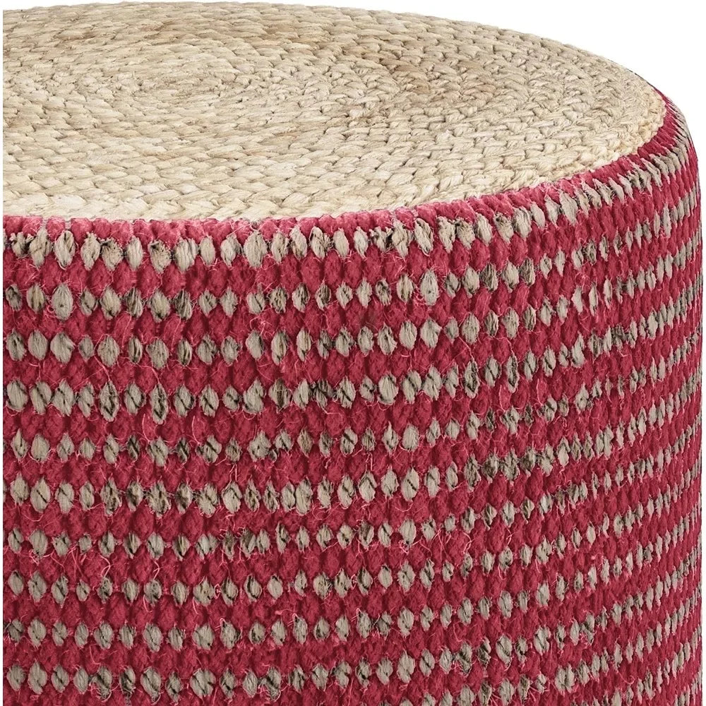 Round Pouf Upholstered in Natural Hand Braided Jute