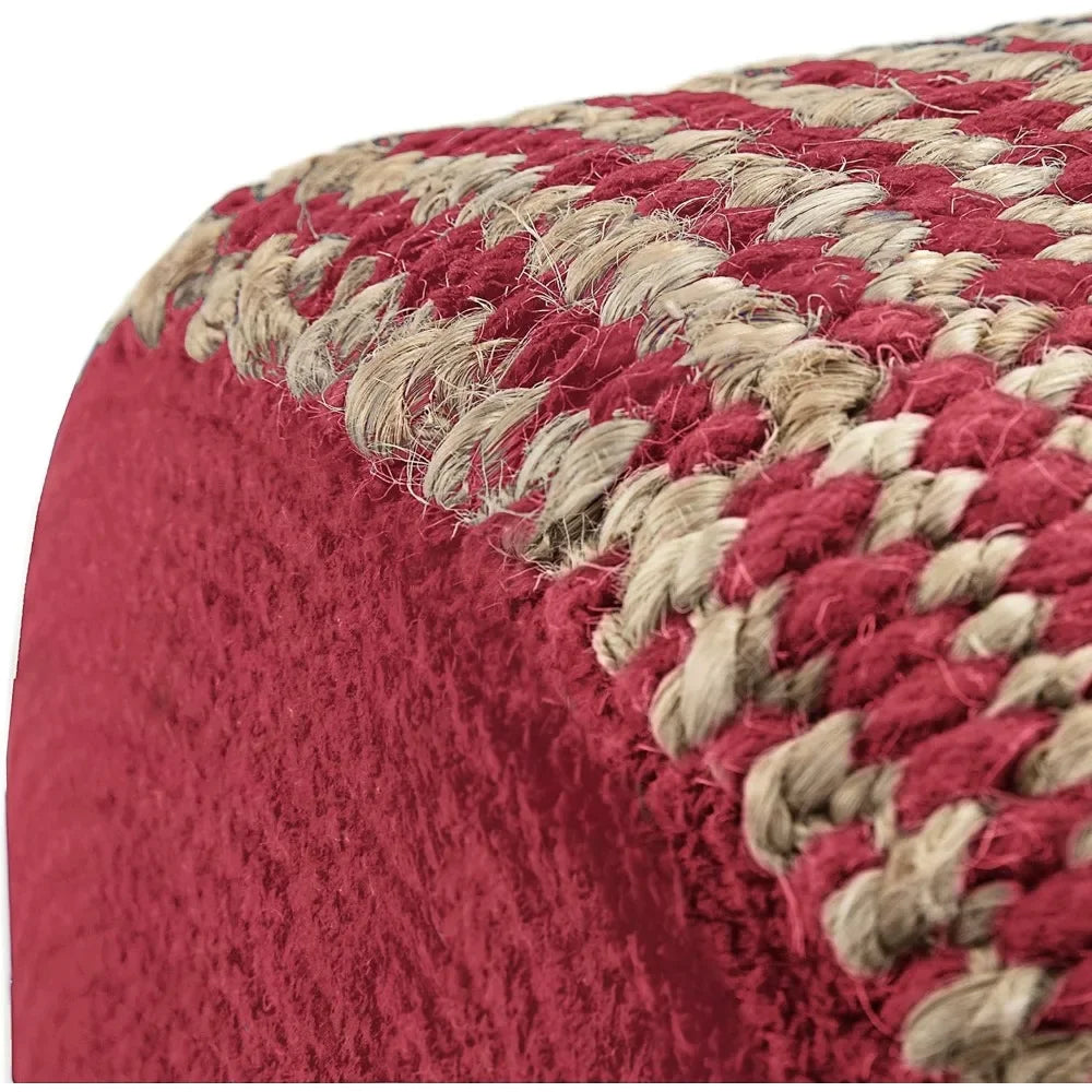 Round Pouf Upholstered in Natural Hand Braided Jute