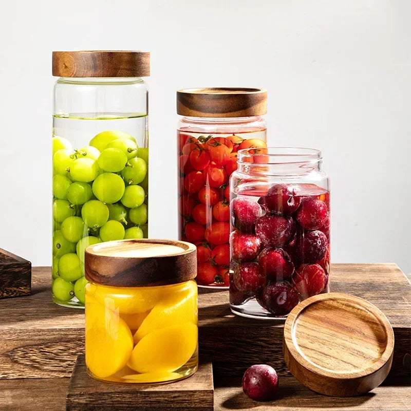 Acacia Wood Glass Storage Kitchen Cannisters