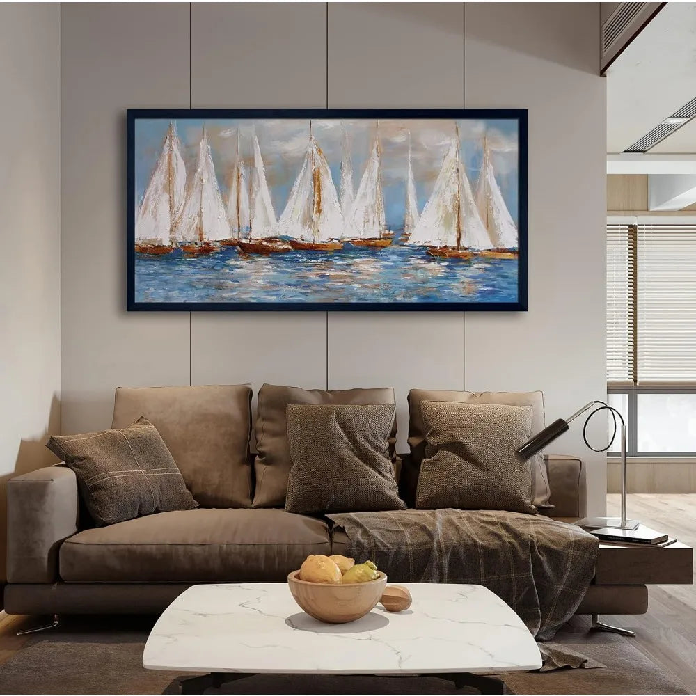 Large White Sailboats Framed Canvas Painting 30x60in