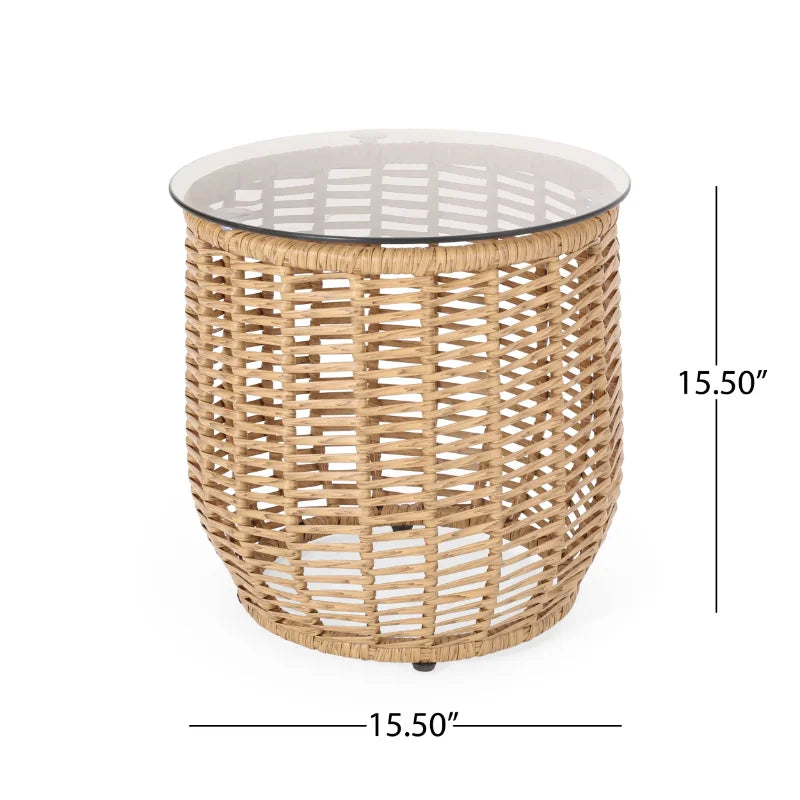 Wicker Side Table with Tempered Glass Top