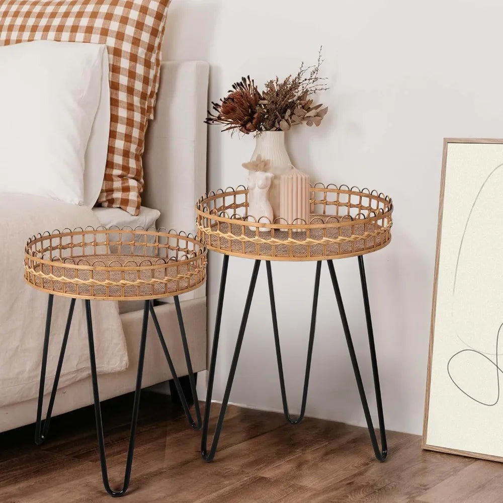 Side Table Nesting Tables Set of 2, Wicker Coffee Table Living Room, Round Rattan Side Table, Bamboo Coffee Table for Balcony