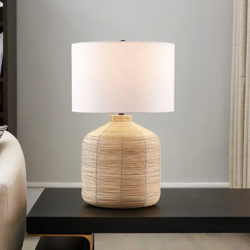 Modern Oversized Rattan Table Lamp with Steel Accents