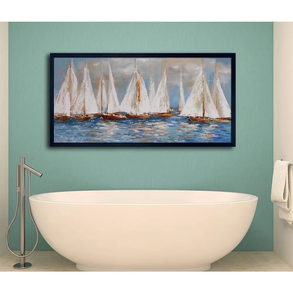 Large White Sailboats Framed Canvas Painting 30x60in