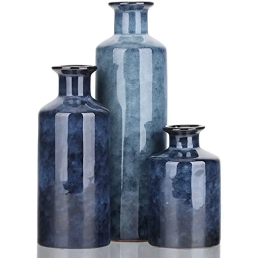 Set of 3 Blue Ceramic Small Vases