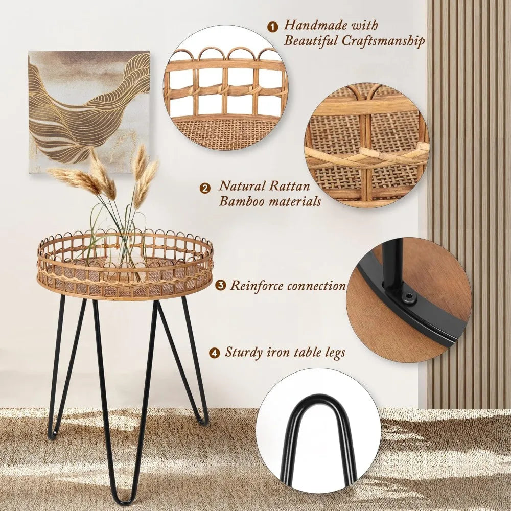 Side Table Nesting Tables Set of 2, Wicker Coffee Table Living Room, Round Rattan Side Table, Bamboo Coffee Table for Balcony