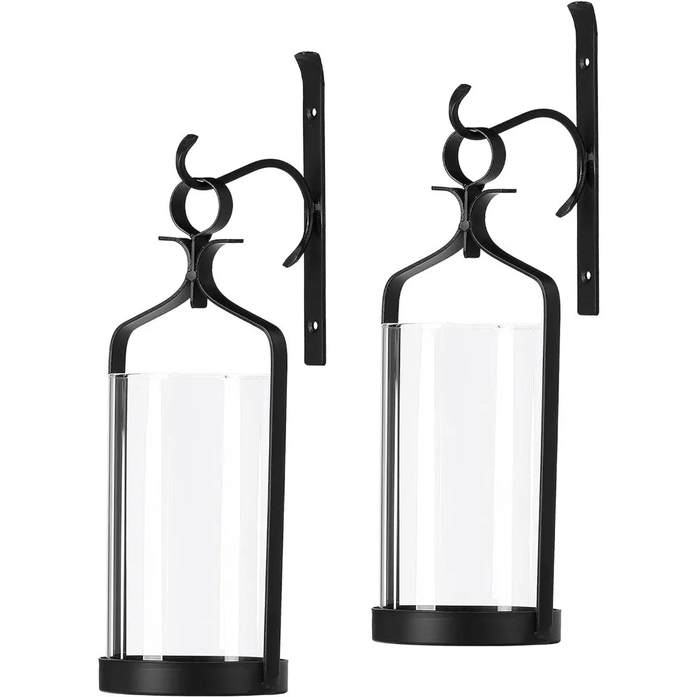 Hanging Hurricane Glass and Black Metal Wall Sconce