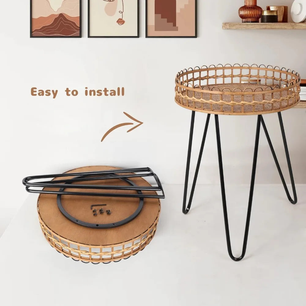 Side Table Nesting Tables Set of 2, Wicker Coffee Table Living Room, Round Rattan Side Table, Bamboo Coffee Table for Balcony