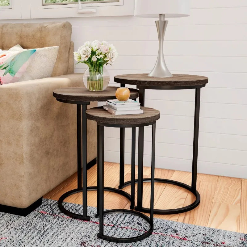 Round Nesting End Tables with Metal Base (Set of 3)