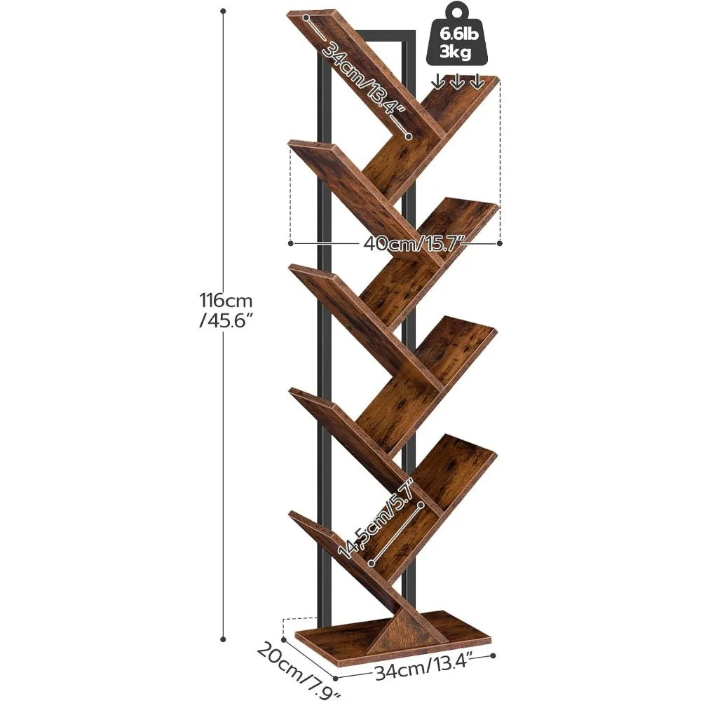 Tree Bookshelf, 9-Tier Retro Wood Shelf Bookcase