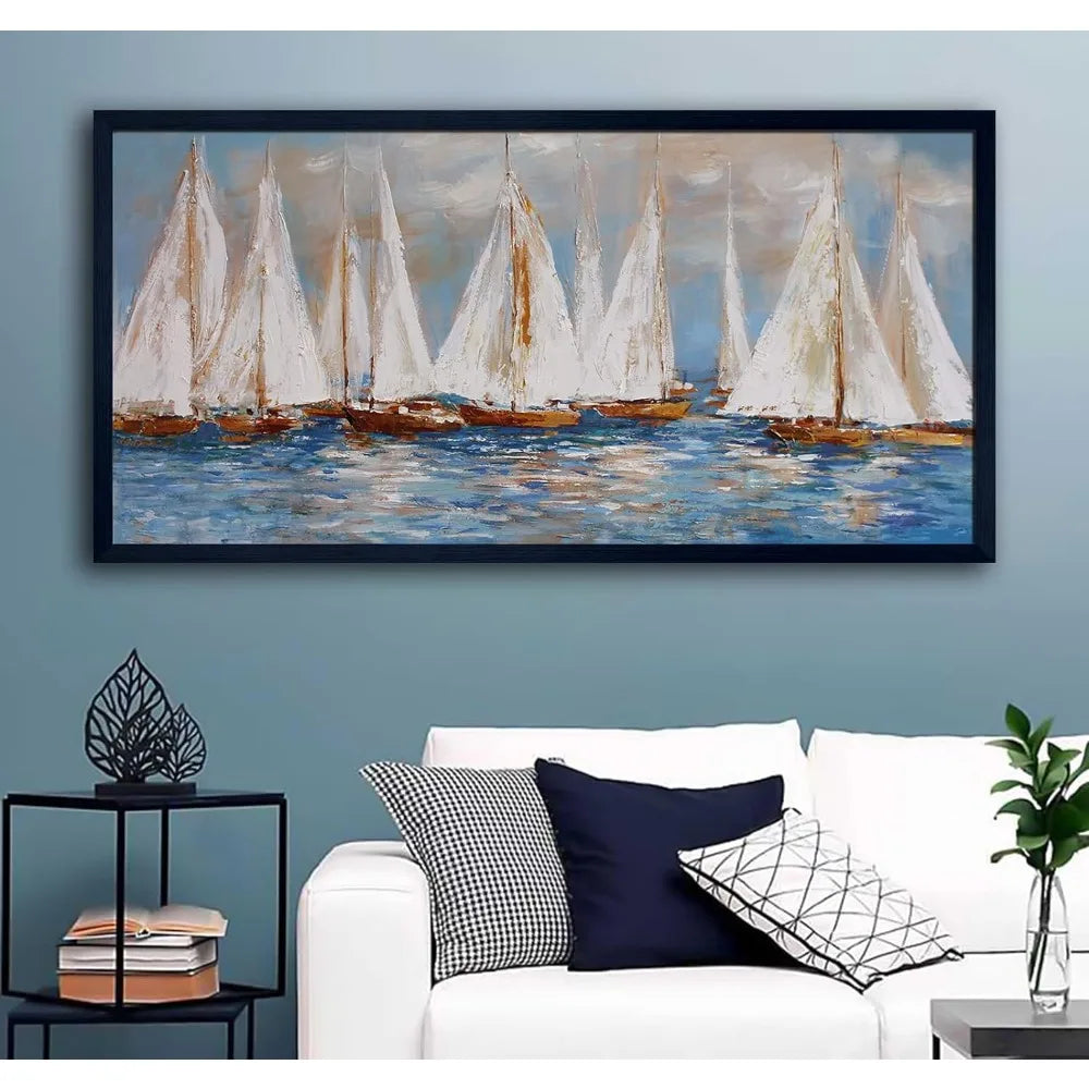 Large White Sailboats Framed Canvas Painting 30x60in