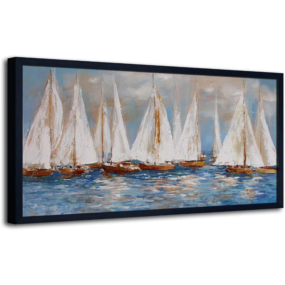 Large White Sailboats Framed Canvas Painting 30x60in