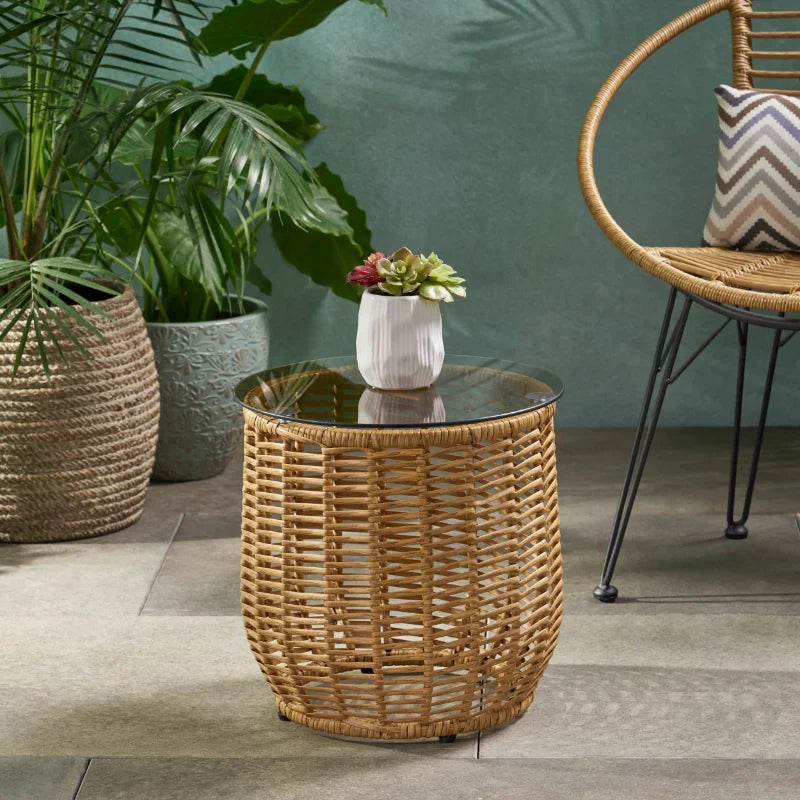 Wicker Side Table with Tempered Glass Top