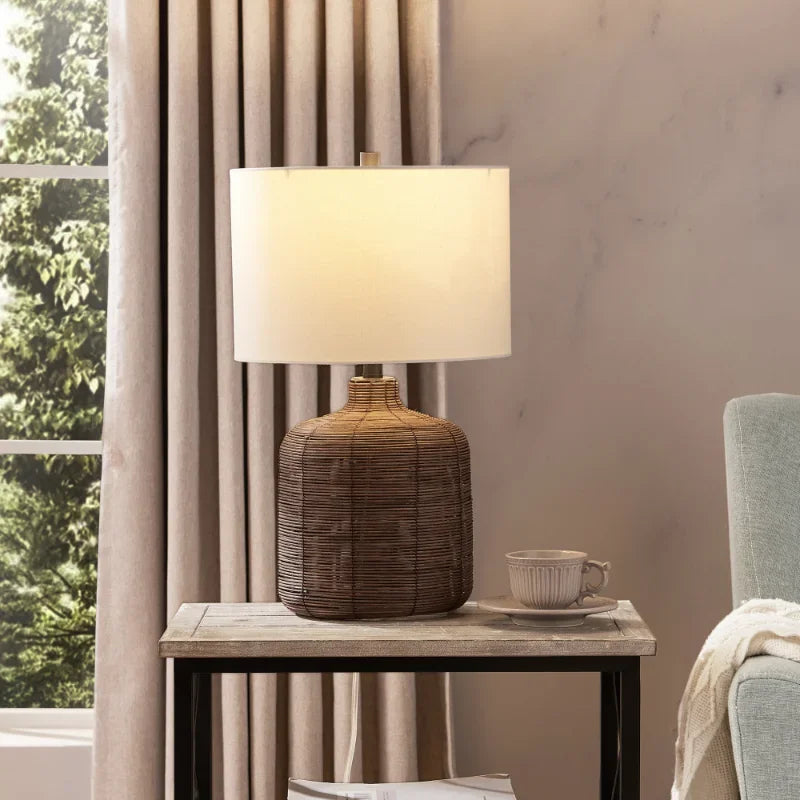 Modern Oversized Rattan Table Lamp with Steel Accents