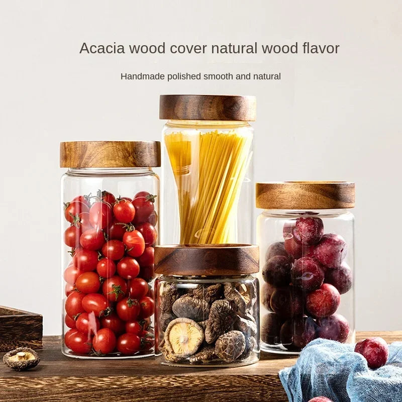 Acacia Wood Glass Storage Kitchen Cannisters