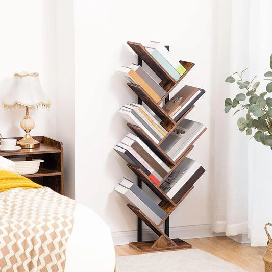 Tree Bookshelf, 9-Tier Retro Wood Shelf Bookcase