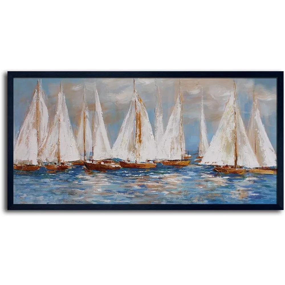 Large White Sailboats Framed Canvas Painting 30x60in