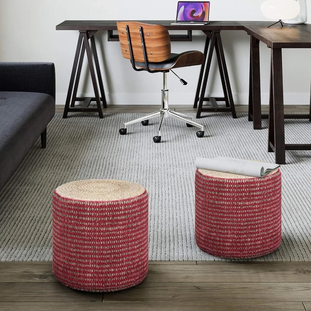 Round Pouf Upholstered in Natural Hand Braided Jute