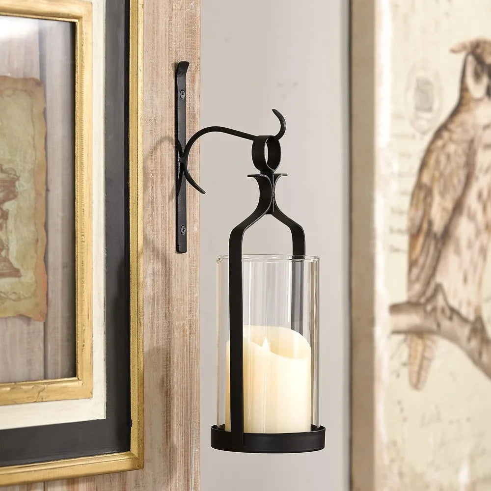 Hanging Hurricane Glass and Black Metal Wall Sconce