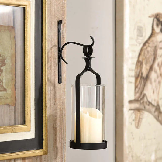 Hanging Hurricane Glass and Black Metal Wall Sconce