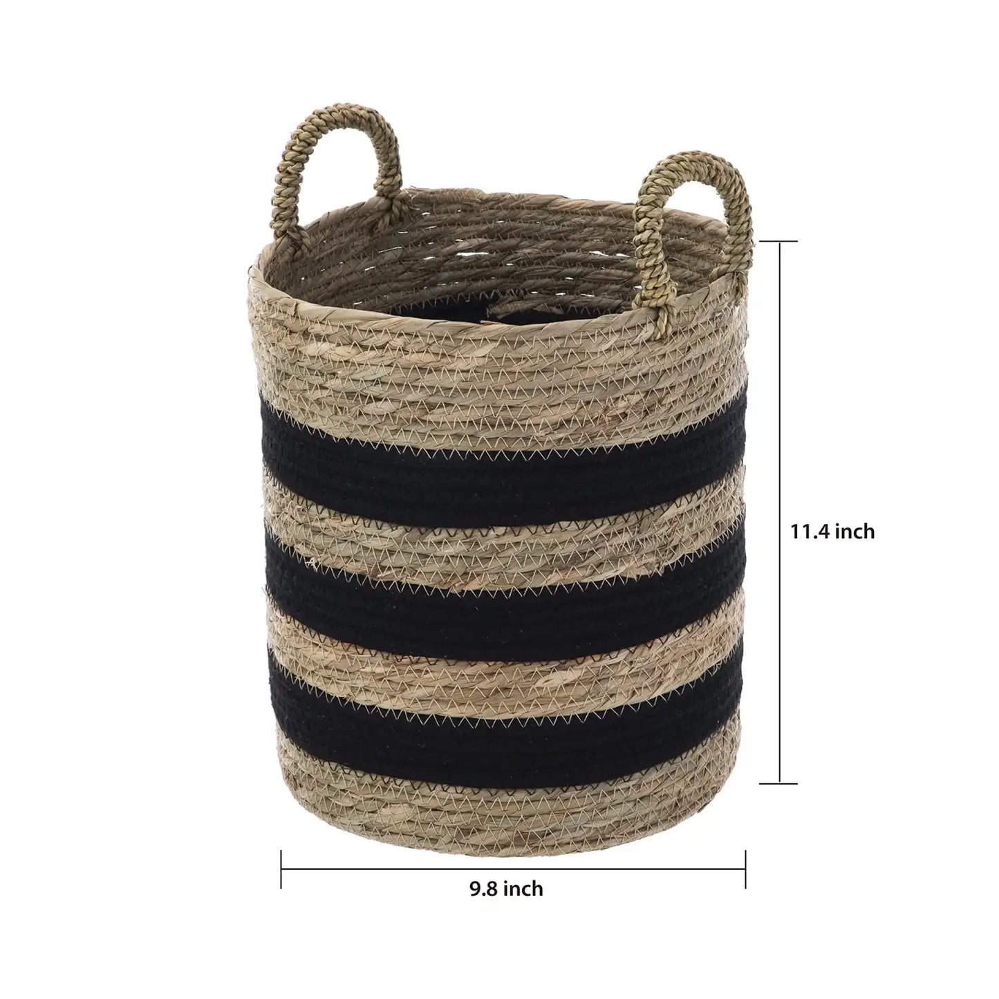 Natural and Black Decorative Storage Basket with Handles, 11.4", Round