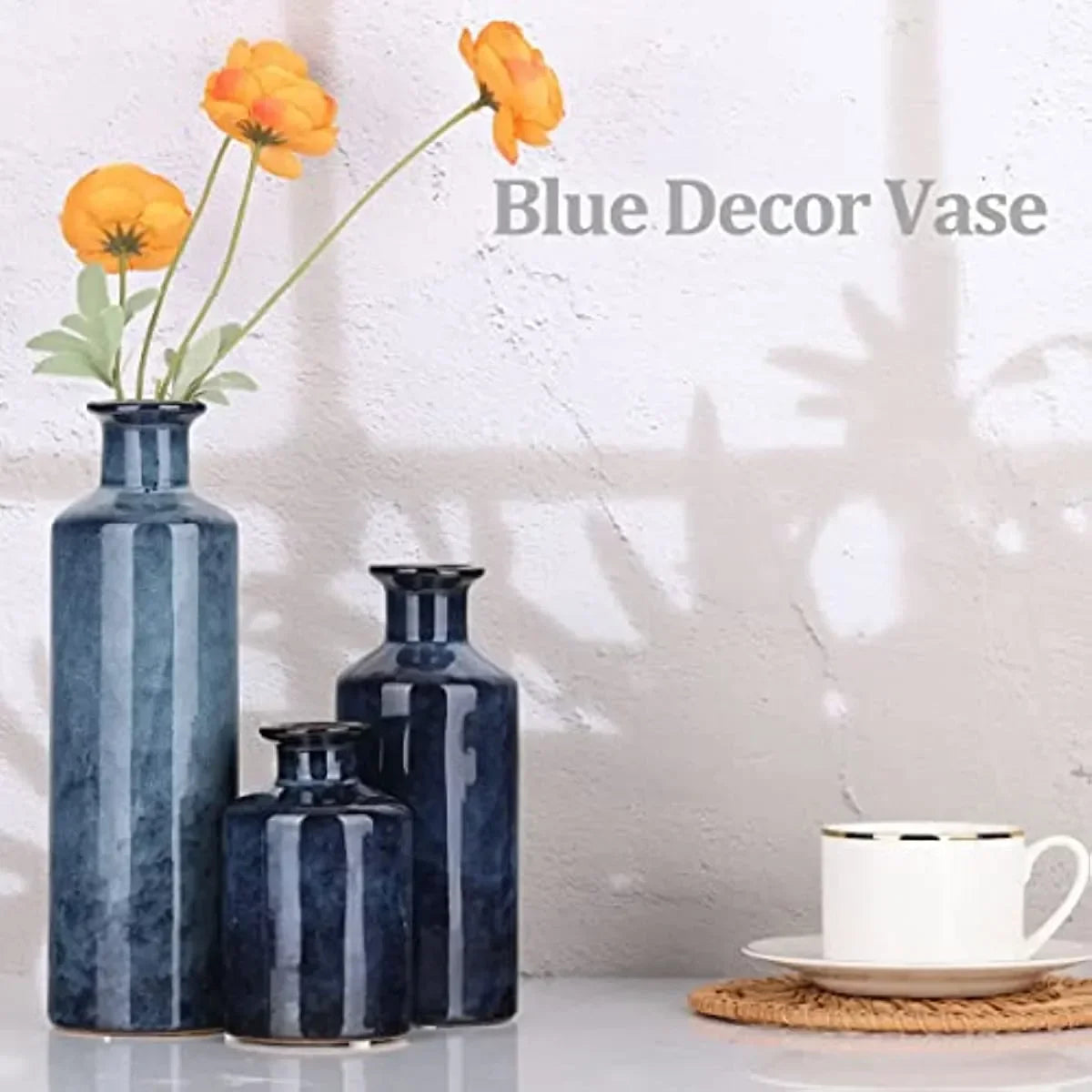 Set of 3 Blue Ceramic Small Vases