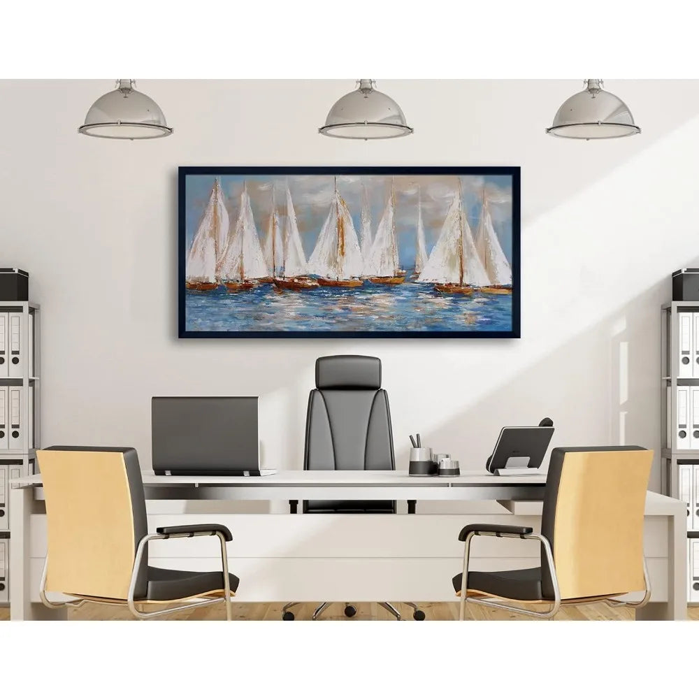 Large White Sailboats Framed Canvas Painting 30x60in