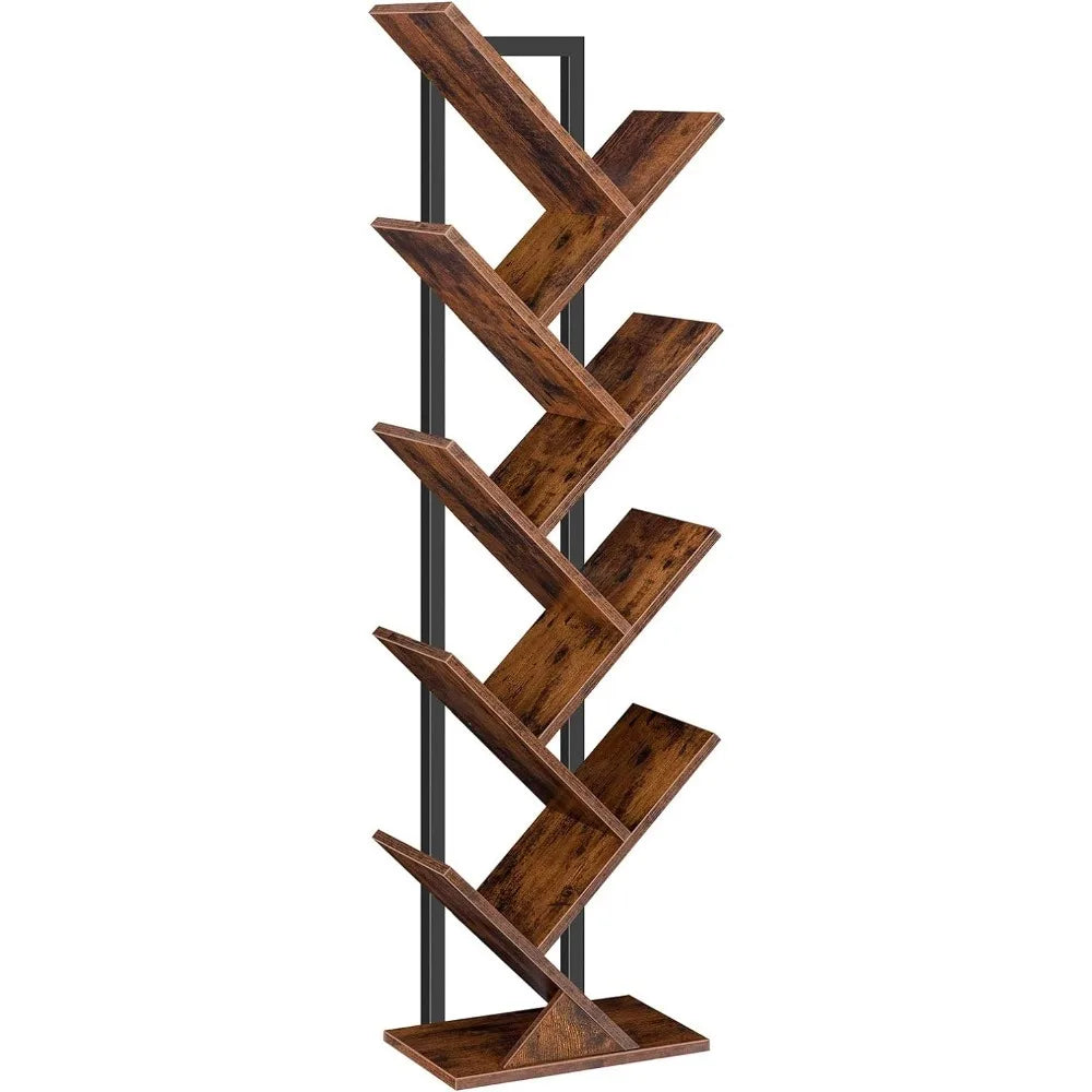 Tree Bookshelf, 9-Tier Retro Wood Shelf Bookcase