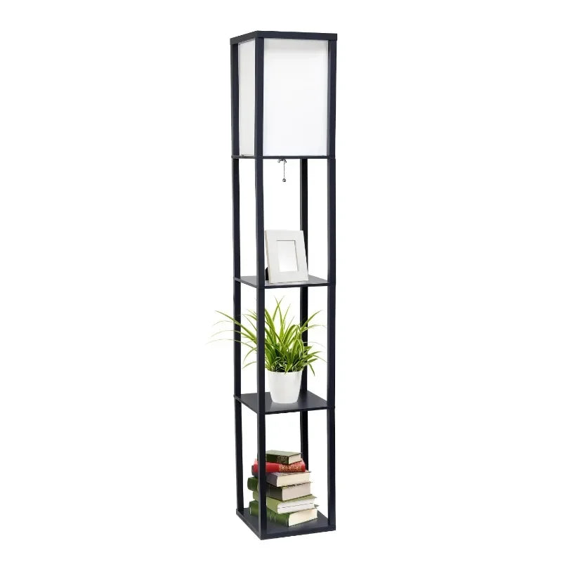 Black Floor Lamp Etagere with Linen Shade