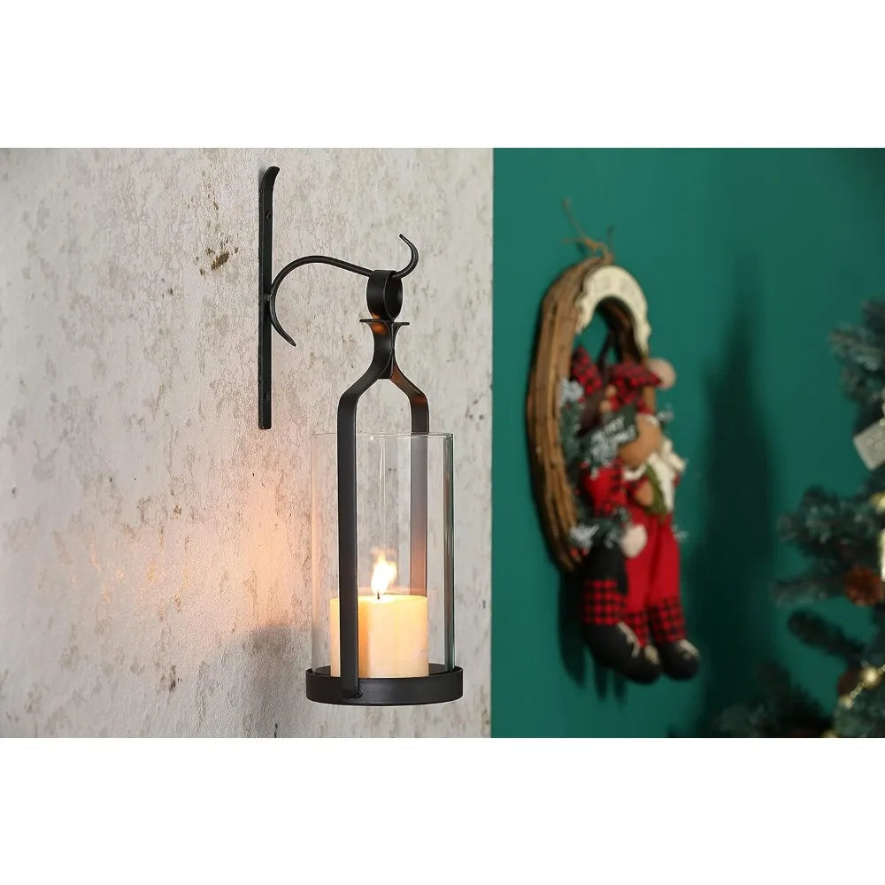 Hanging Hurricane Glass and Black Metal Wall Sconce