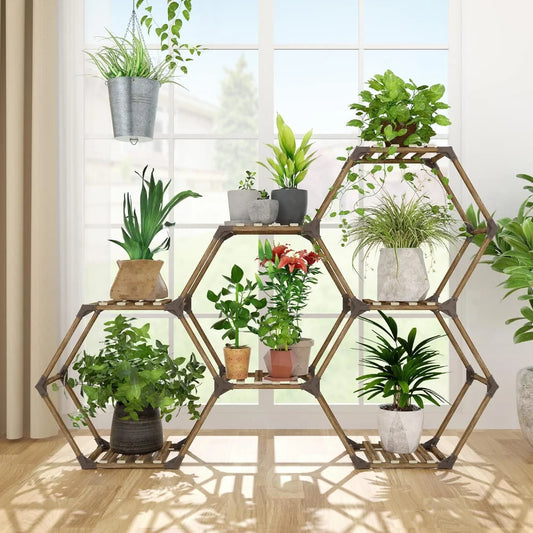 Hexagonal Plant Stand, 7-Tier Wooden IndoorOutdoor