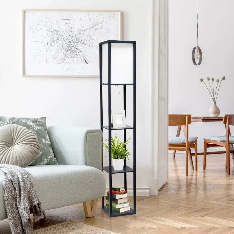 Black Floor Lamp Etagere with Linen Shade