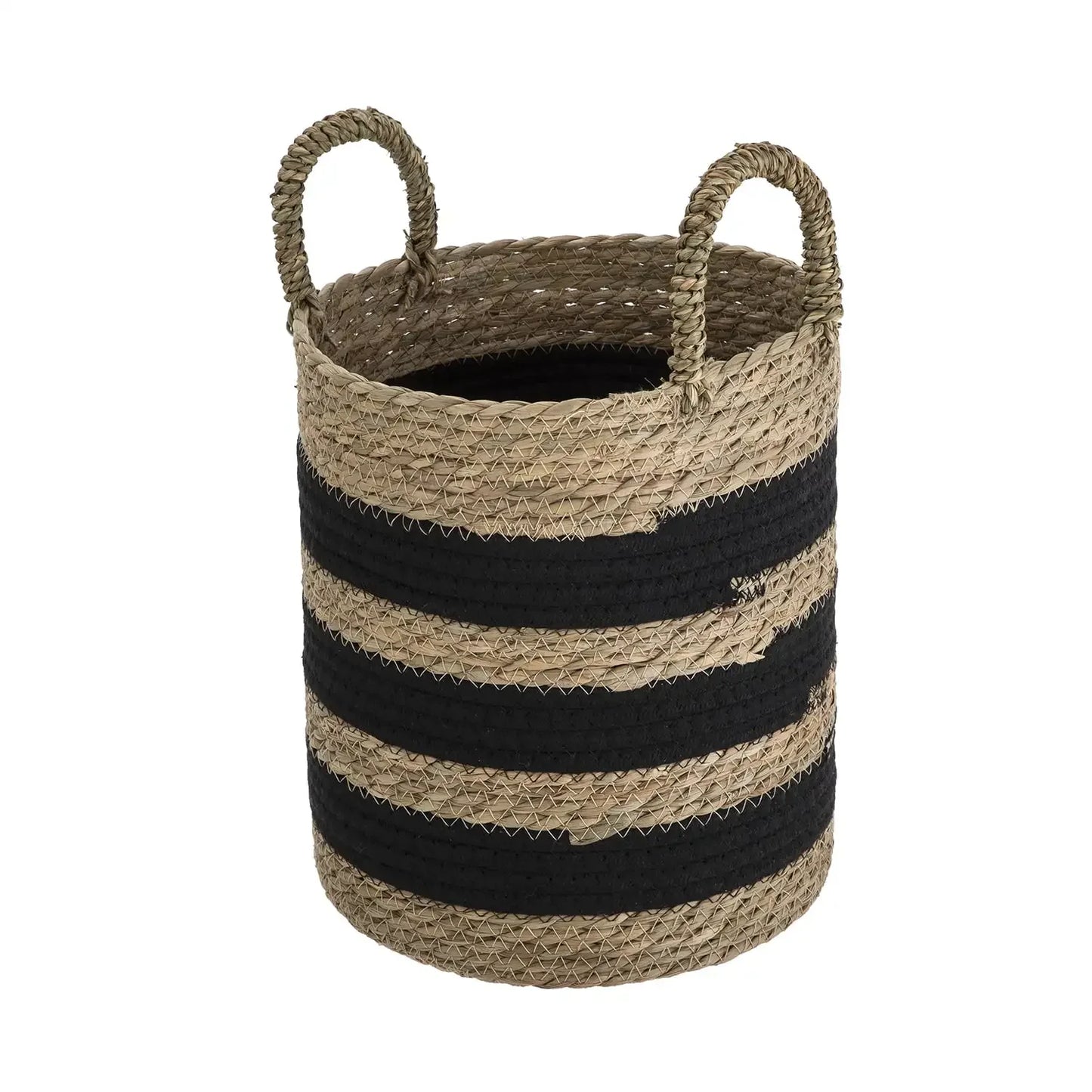 Natural and Black Decorative Storage Basket with Handles, 11.4", Round